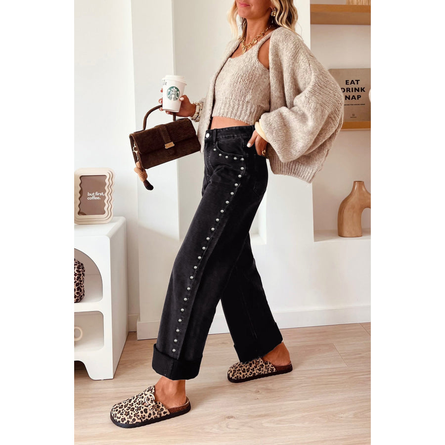 Black Studded Detail Straight Leg Casual Loose Jeans Bottoms/Jeans