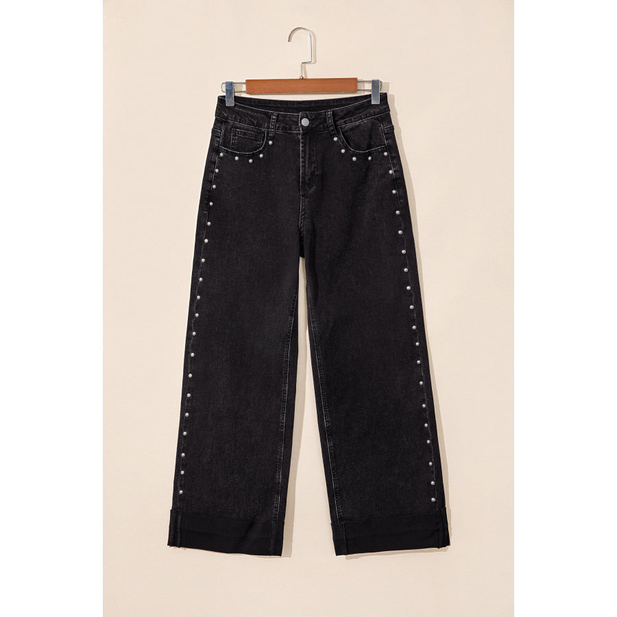 Black Studded Detail Straight Leg Casual Loose Jeans Bottoms/Jeans