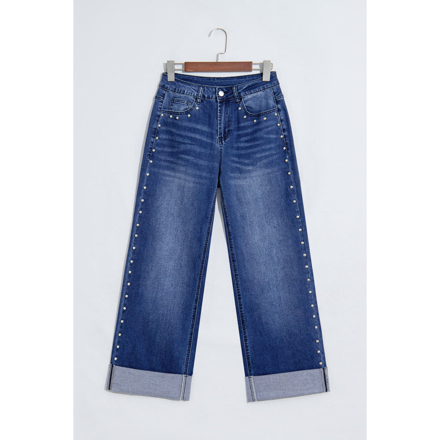 Black Studded Detail Straight Leg Casual Loose Jeans Bottoms/Jeans