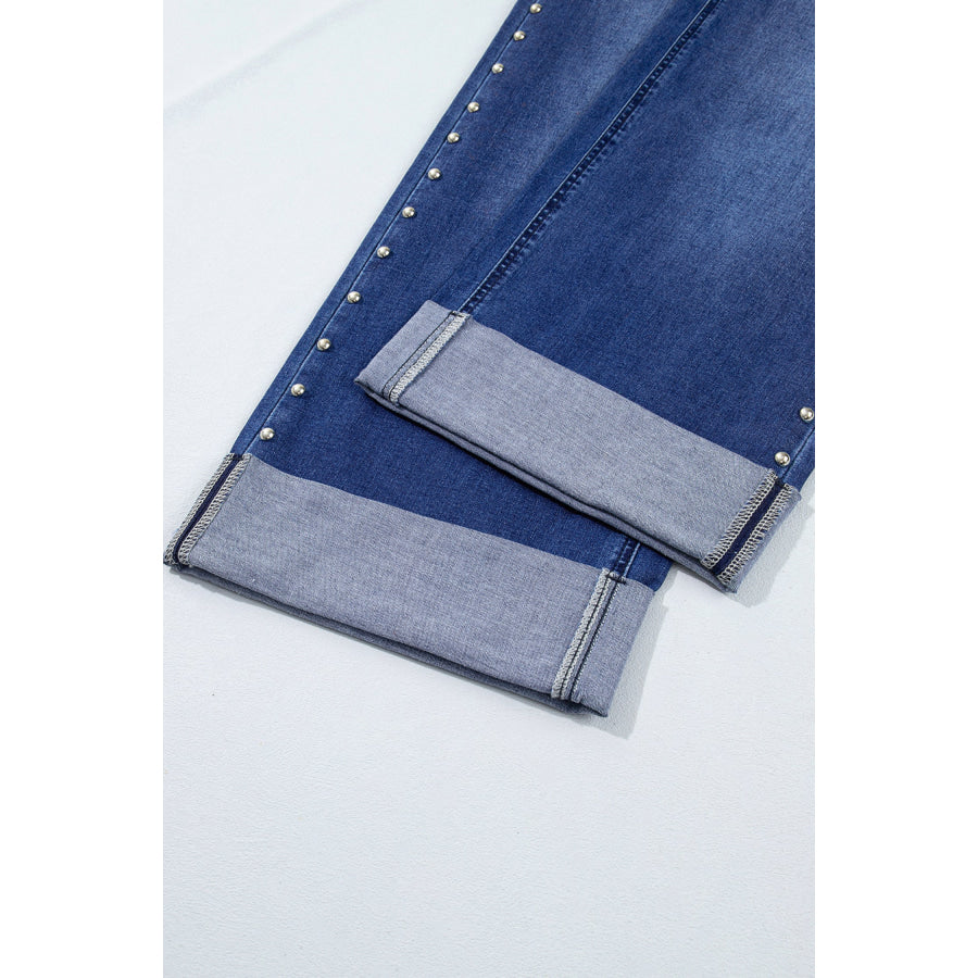Black Studded Detail Straight Leg Casual Loose Jeans Bottoms/Jeans