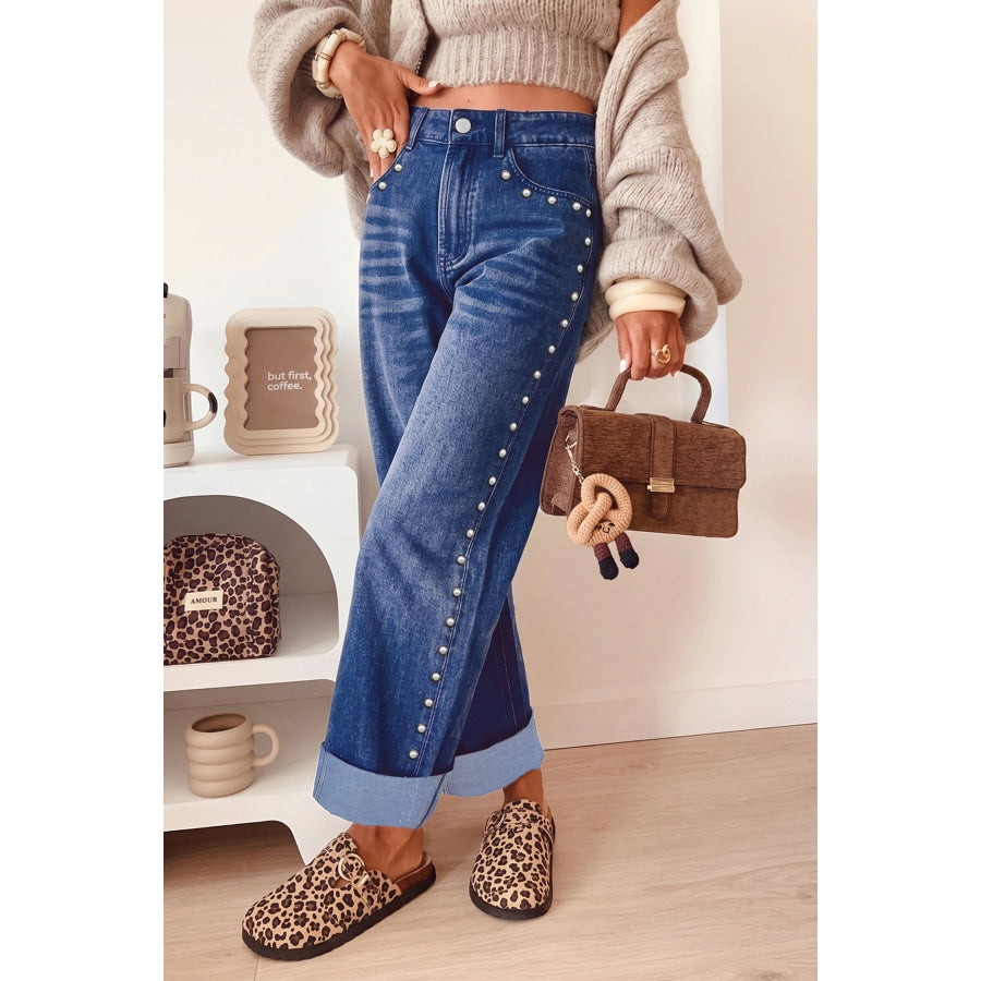 Black Studded Detail Straight Leg Casual Loose Jeans Navy Blue / 4 Bottoms/Jeans