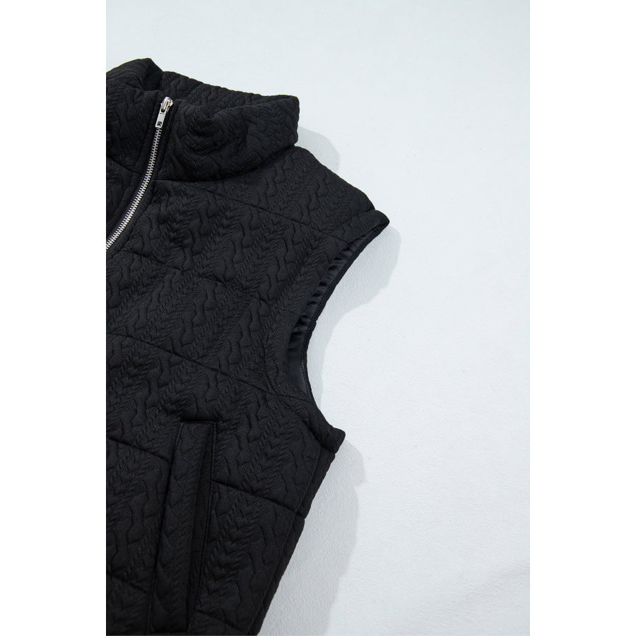 Black Textured Quilted Stand Neck Zipper Winter Vest Outerwear/Vests