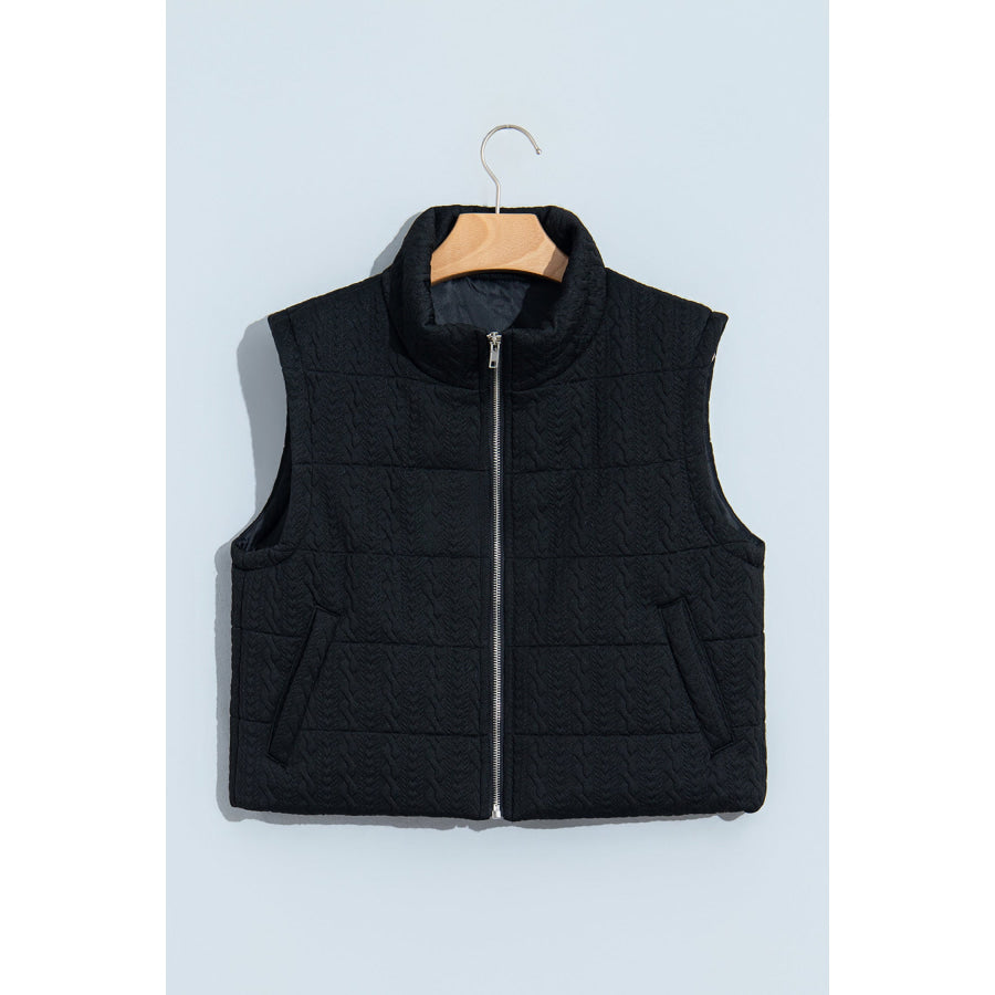Black Textured Quilted Stand Neck Zipper Winter Vest Outerwear/Vests