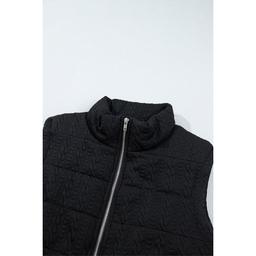 Black Textured Quilted Stand Neck Zipper Winter Vest Outerwear/Vests