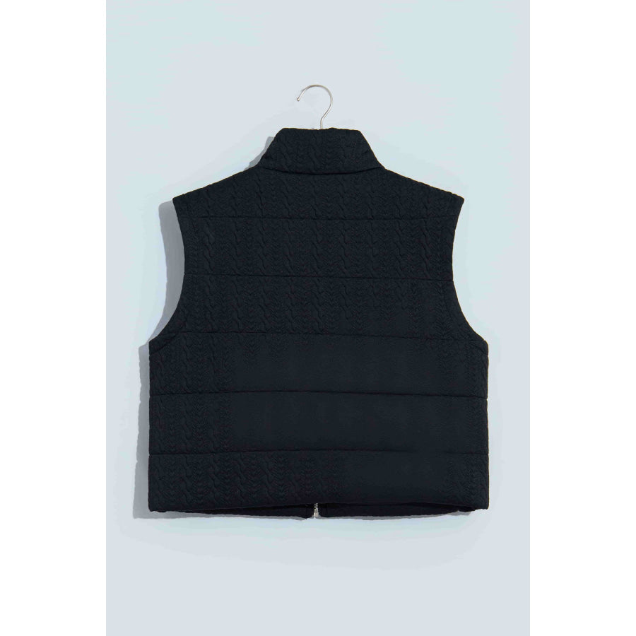 Black Textured Quilted Stand Neck Zipper Winter Vest Outerwear/Vests