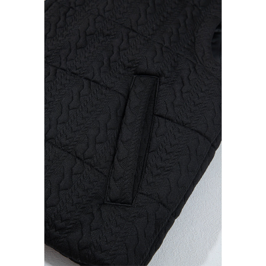 Black Textured Quilted Stand Neck Zipper Winter Vest Outerwear/Vests