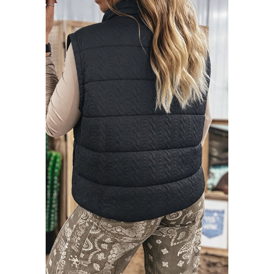 Black Textured Quilted Stand Neck Zipper Winter Vest Outerwear/Vests