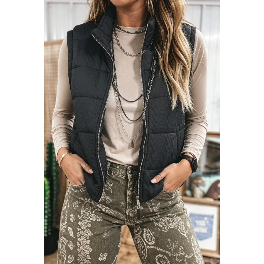 Black Textured Quilted Stand Neck Zipper Winter Vest / S / Shell:100% Polyester + Lining:100% Polyester + Filling:100% Polyester