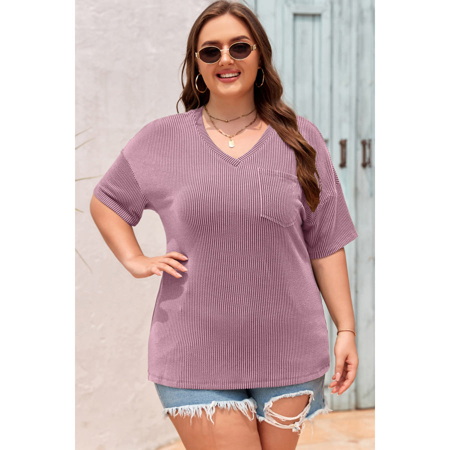 Black Textured V-Neck Dropped Shoulder Plus T-Shirt Plus Size/Plus Size Tops/Plus Size Tops & Tees