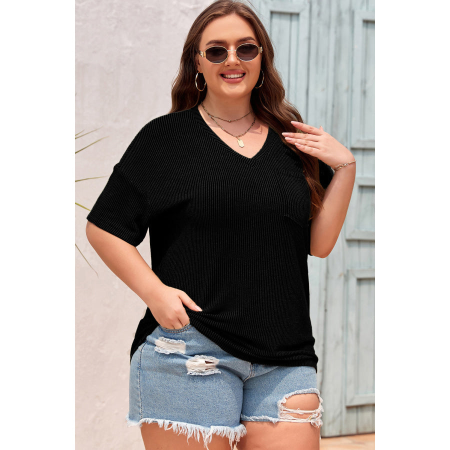 Black Textured V-Neck Dropped Shoulder Plus T-Shirt Plus Size/Plus Size Tops/Plus Size Tops & Tees