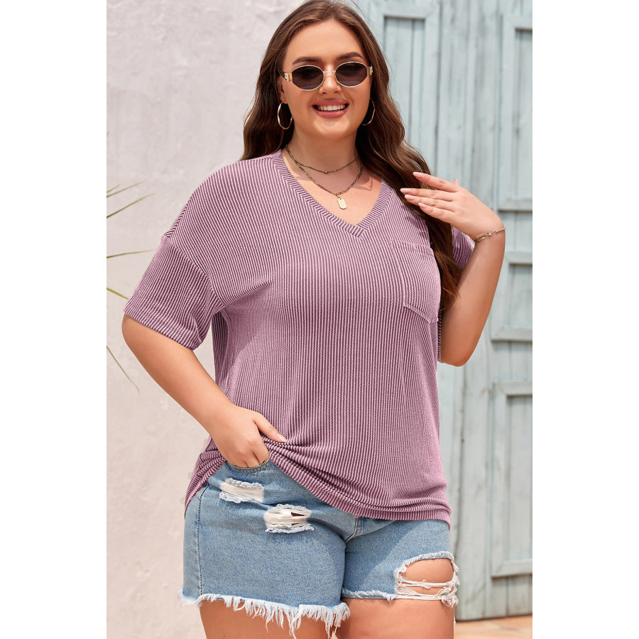 Black Textured V-Neck Dropped Shoulder Plus T-Shirt Plus Size/Plus Size Tops/Plus Size Tops & Tees