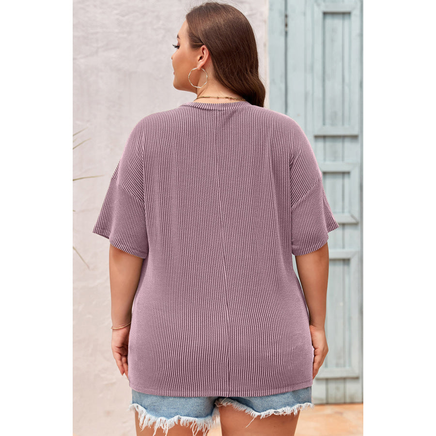 Black Textured V-Neck Dropped Shoulder Plus T-Shirt Plus Size/Plus Size Tops/Plus Size Tops & Tees