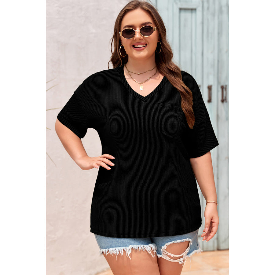Black Textured V-Neck Dropped Shoulder Plus T-Shirt Plus Size/Plus Size Tops/Plus Size Tops & Tees