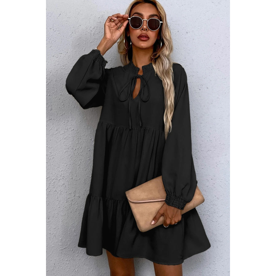 Black Tie Split Neck Smocked Detail Long Puff Sleeve Ruffle Hem Loose Dress Dresses/Mini Dresses
