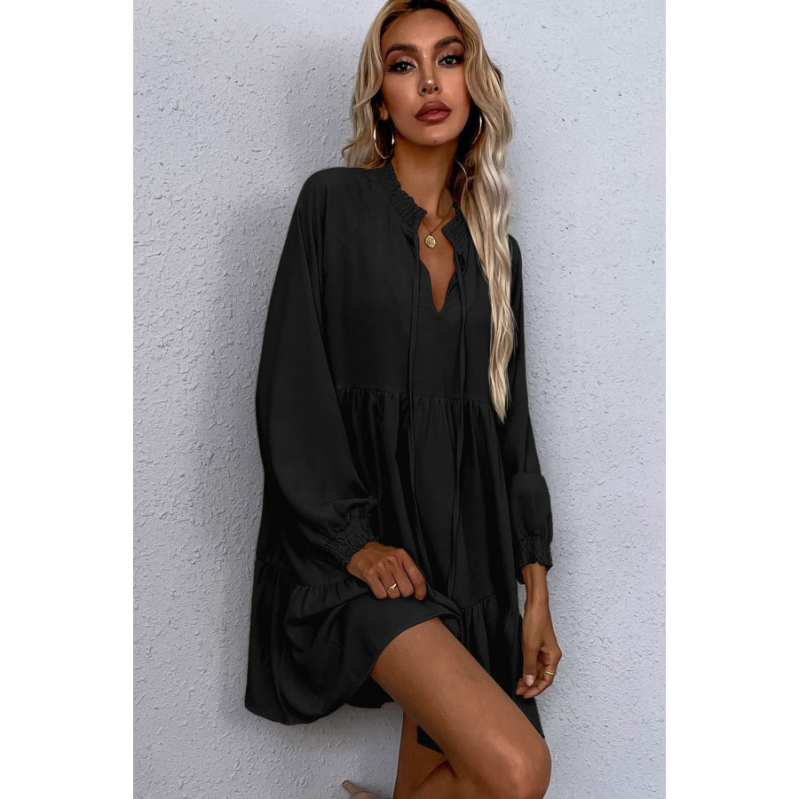 Black Tie Split Neck Smocked Detail Long Puff Sleeve Ruffle Hem Loose Dress Dresses/Mini Dresses