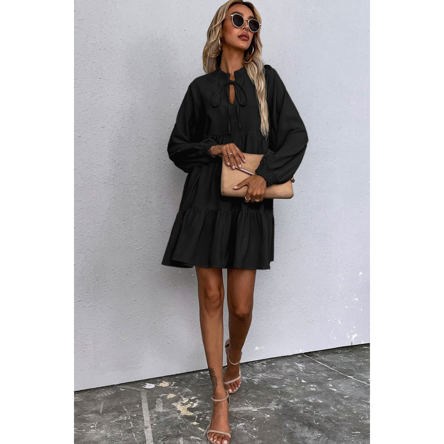 Black Tie Split Neck Smocked Detail Long Puff Sleeve Ruffle Hem Loose Dress Dresses/Mini Dresses