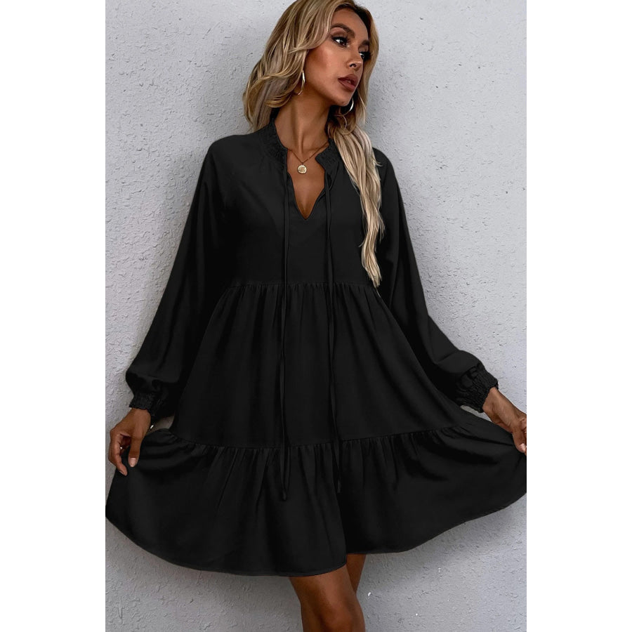 Black Tie Split Neck Smocked Detail Long Puff Sleeve Ruffle Hem Loose Dress Dresses/Mini Dresses