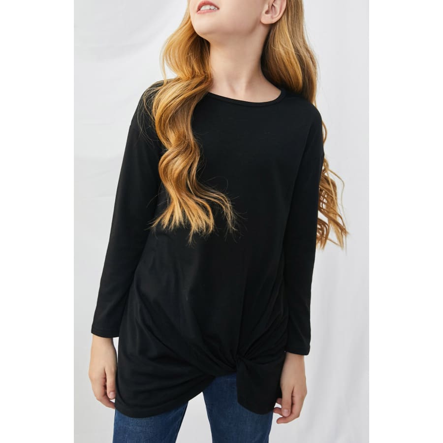 Black Twist Knot Detail Long Sleeve Girl’s Top Black / (4Y-5Y)S Blouses