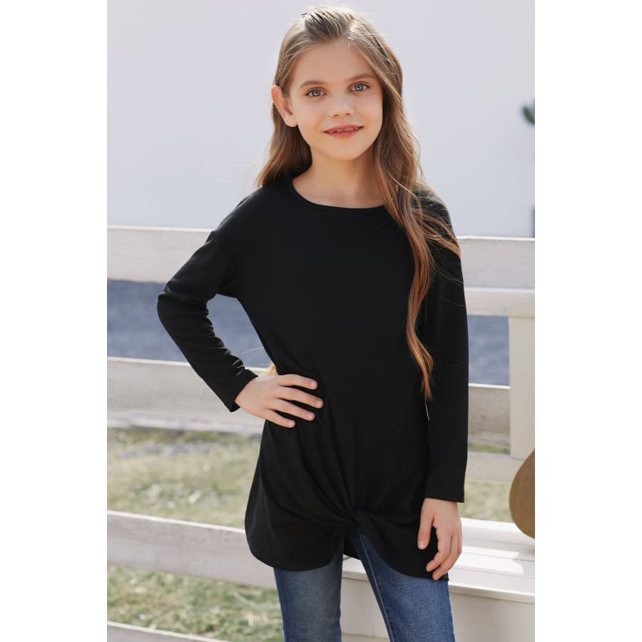 Black Twist Knot Detail Long Sleeve Girl’s Top Blouses