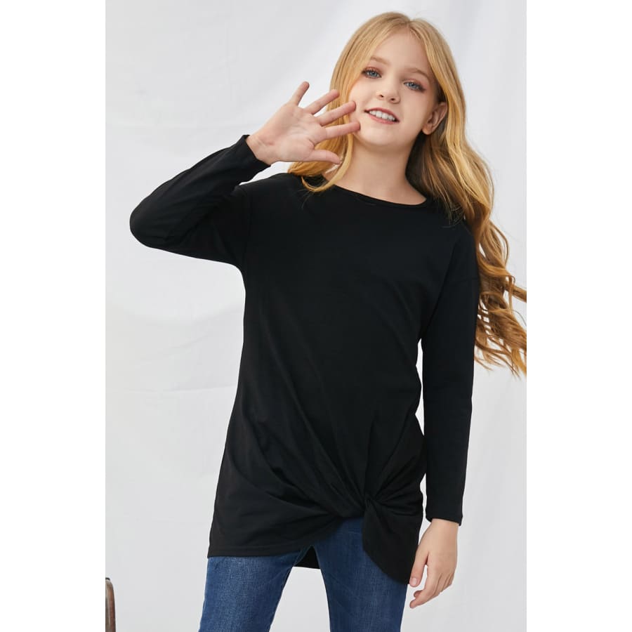 Black Twist Knot Detail Long Sleeve Girl’s Top Blouses