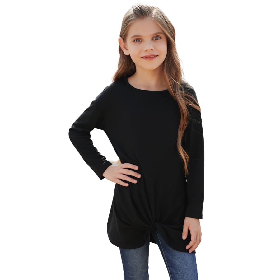 Black Twist Knot Detail Long Sleeve Girl’s Top Blouses