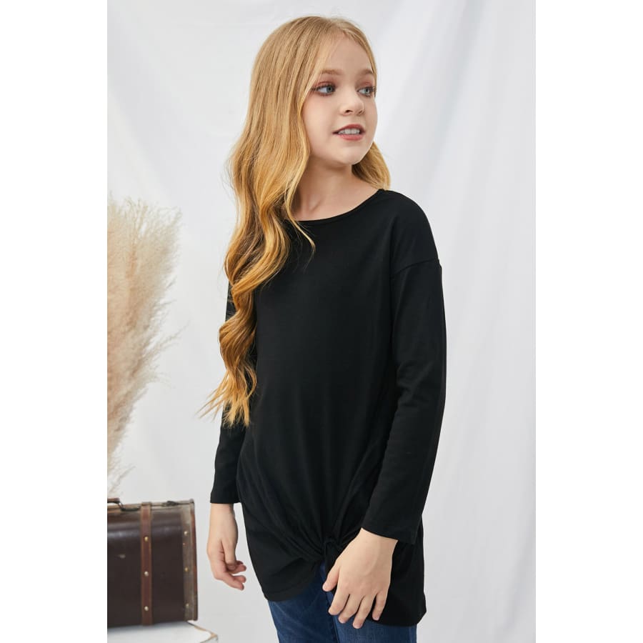 Black Twist Knot Detail Long Sleeve Girl’s Top Blouses