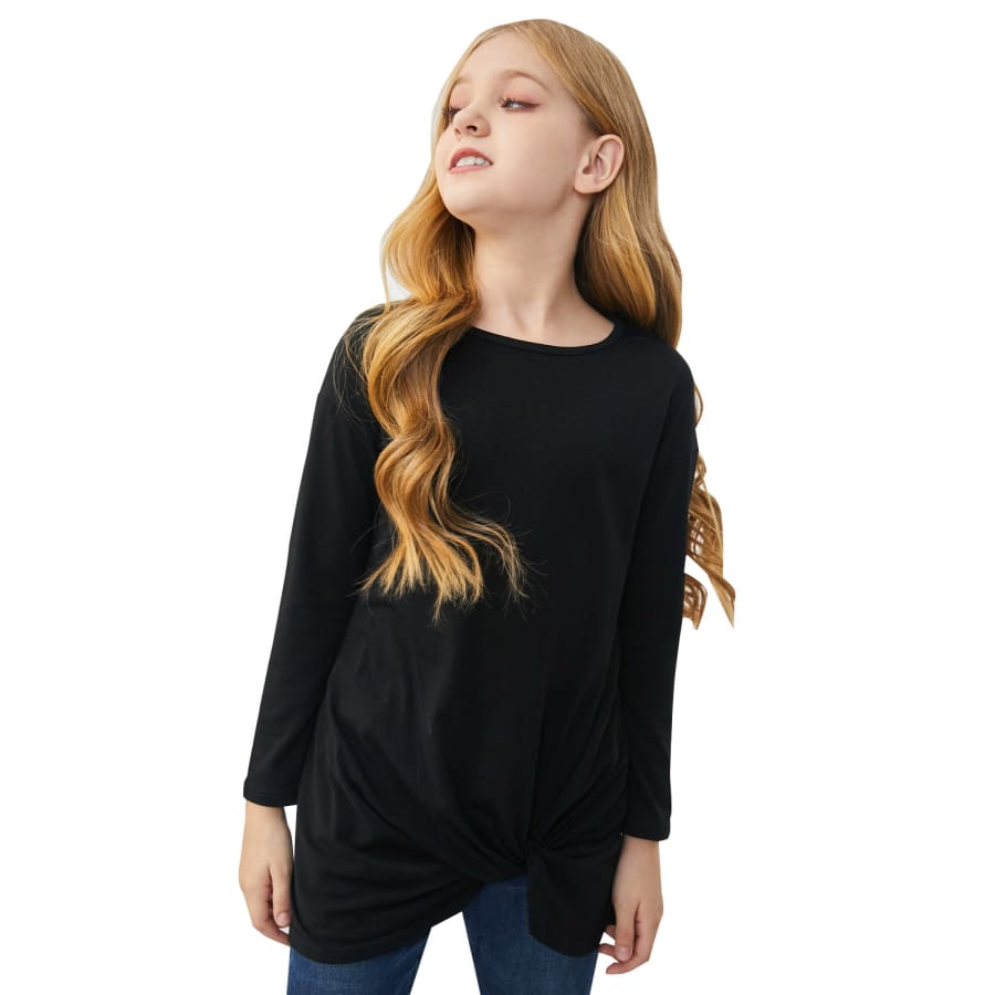 Black Twist Knot Detail Long Sleeve Girl’s Top Blouses