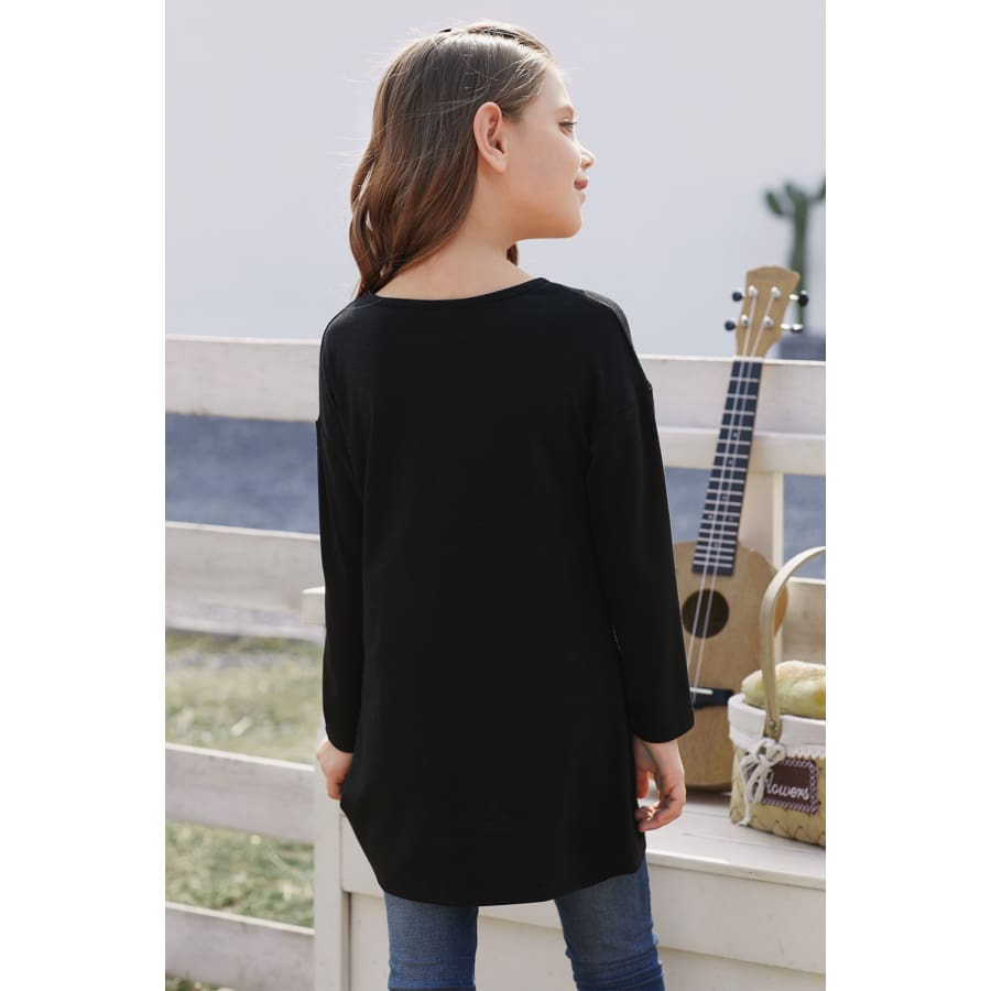 Black Twist Knot Detail Long Sleeve Girl’s Top Blouses