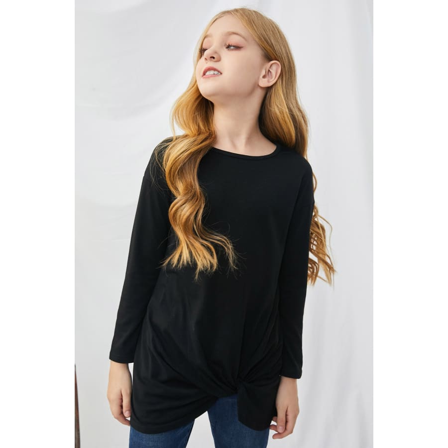 Black Twist Knot Detail Long Sleeve Girl’s Top Blouses