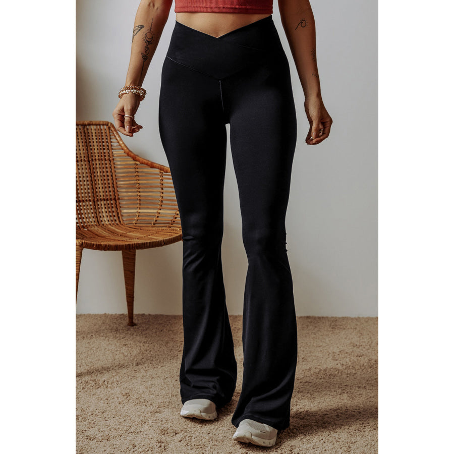 Black V Shape High Waist Flared Leggings Black / S / 75% Polyamide + 25% Elastane Bottoms/Leggings