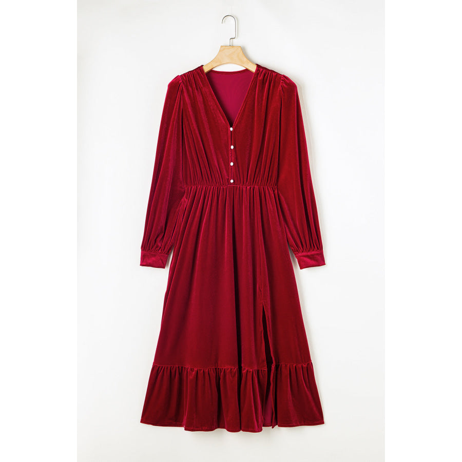 Black Velvet Buttoned Puff Sleeve V Neck Split Midi Dress Dresses/Midi Dresses