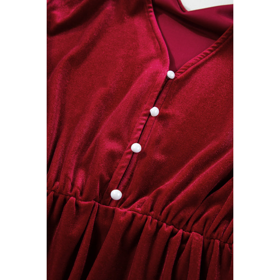 Black Velvet Buttoned Puff Sleeve V Neck Split Midi Dress Dresses/Midi Dresses