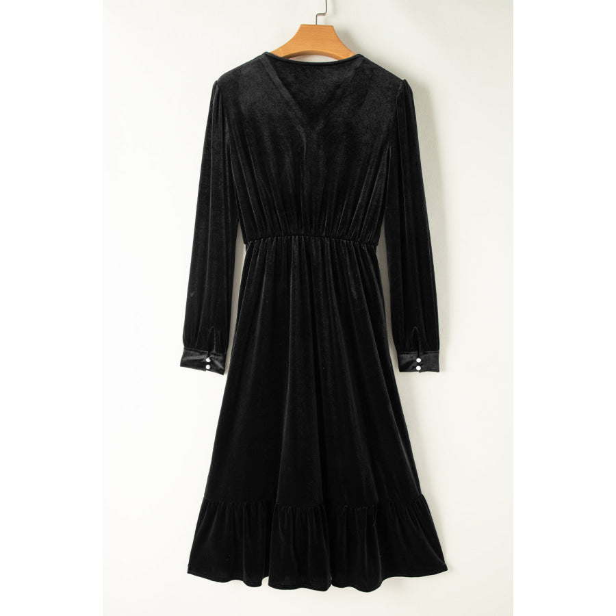 Black Velvet Buttoned Puff Sleeve V Neck Split Midi Dress Dresses/Midi Dresses