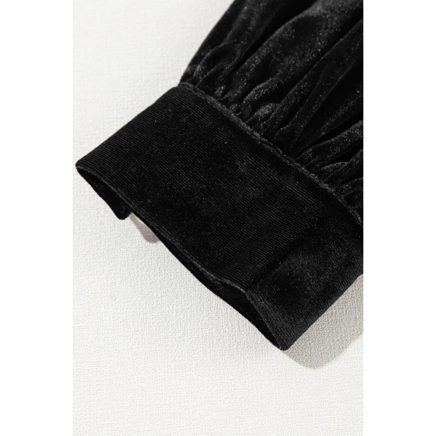 Black Velvet Buttoned Puff Sleeve V Neck Split Midi Dress Dresses/Midi Dresses