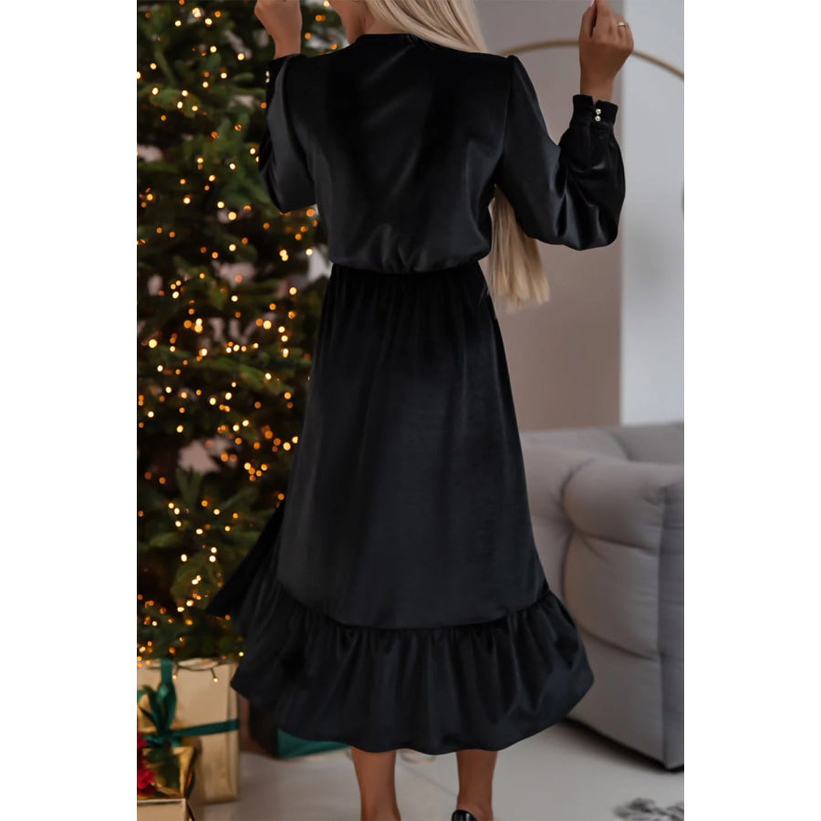 Black Velvet Buttoned Puff Sleeve V Neck Split Midi Dress Dresses/Midi Dresses