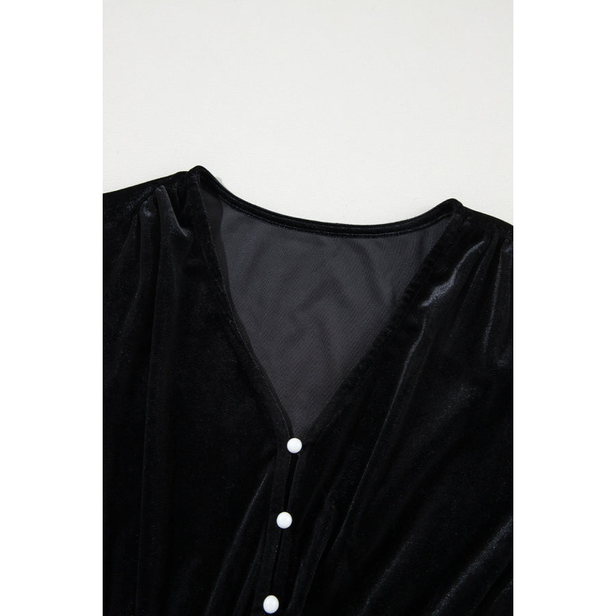 Black Velvet Buttoned Puff Sleeve V Neck Split Midi Dress Dresses/Midi Dresses