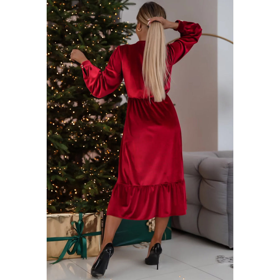 Black Velvet Buttoned Puff Sleeve V Neck Split Midi Dress Dresses/Midi Dresses