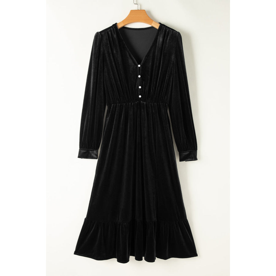 Black Velvet Buttoned Puff Sleeve V Neck Split Midi Dress Dresses/Midi Dresses
