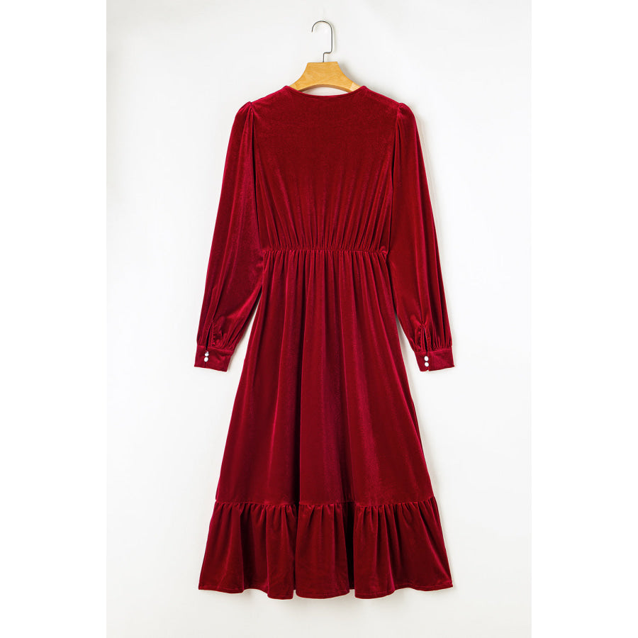 Black Velvet Buttoned Puff Sleeve V Neck Split Midi Dress Dresses/Midi Dresses