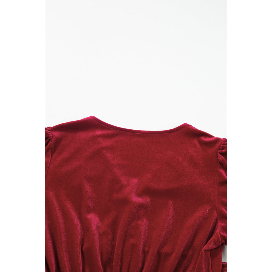 Black Velvet Buttoned Puff Sleeve V Neck Split Midi Dress Dresses/Midi Dresses