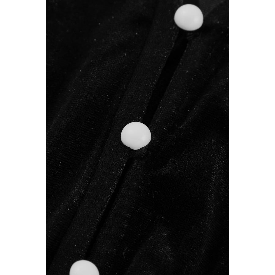 Black Velvet Buttoned Puff Sleeve V Neck Split Midi Dress Dresses/Midi Dresses