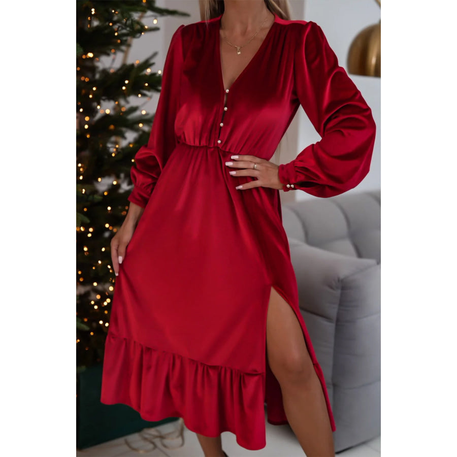 Black Velvet Buttoned Puff Sleeve V Neck Split Midi Dress Racing Red / S / 95% Polyester + 5% Elastane Dresses/Midi Dresses