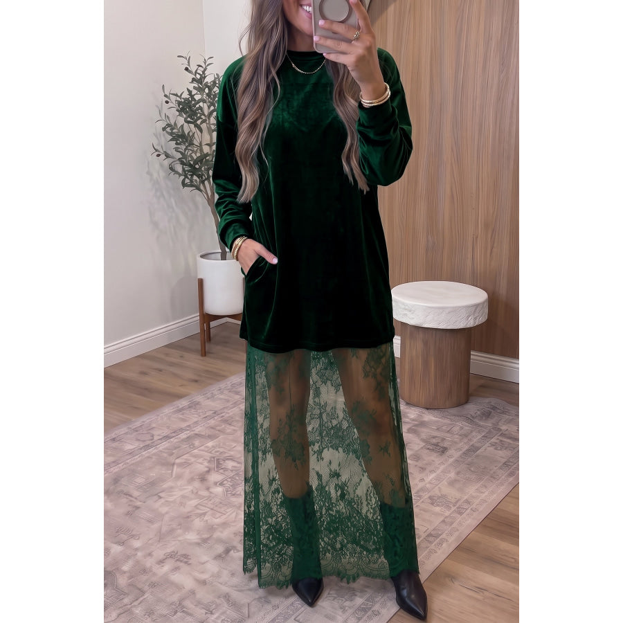 Black Velvet Long Sleeve Lace Splicing Hem Shift Maxi Dress Blackish Green / S Dresses/Maxi Dresses
