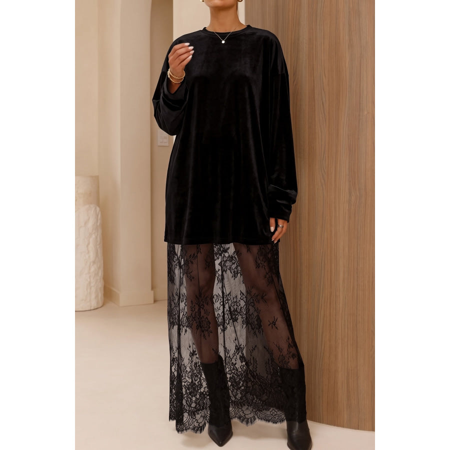 Black Velvet Long Sleeve Lace Splicing Hem Shift Maxi Dress / S Dresses/Maxi Dresses