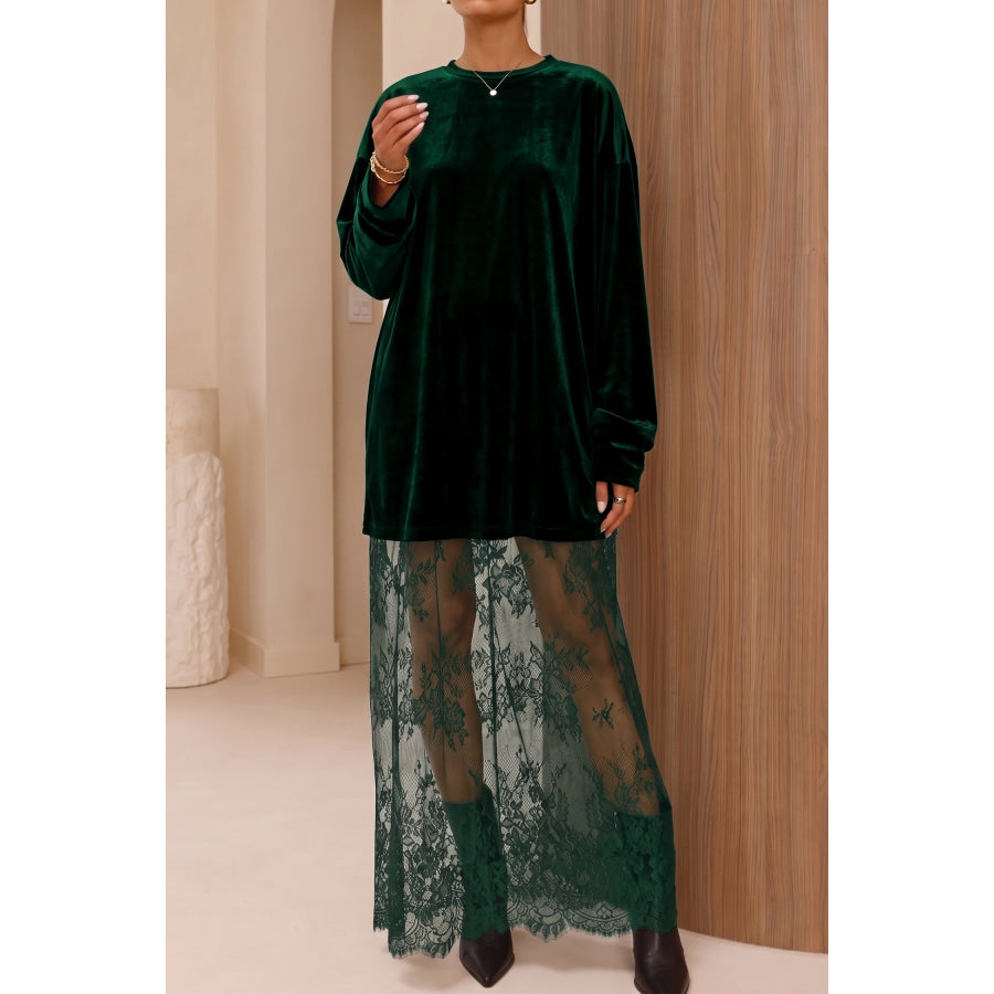 Black Velvet Long Sleeve Lace Splicing Hem Shift Maxi Dress Dresses/Maxi Dresses