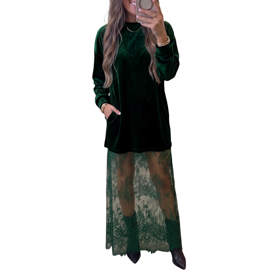 Black Velvet Long Sleeve Lace Splicing Hem Shift Maxi Dress Dresses/Maxi Dresses