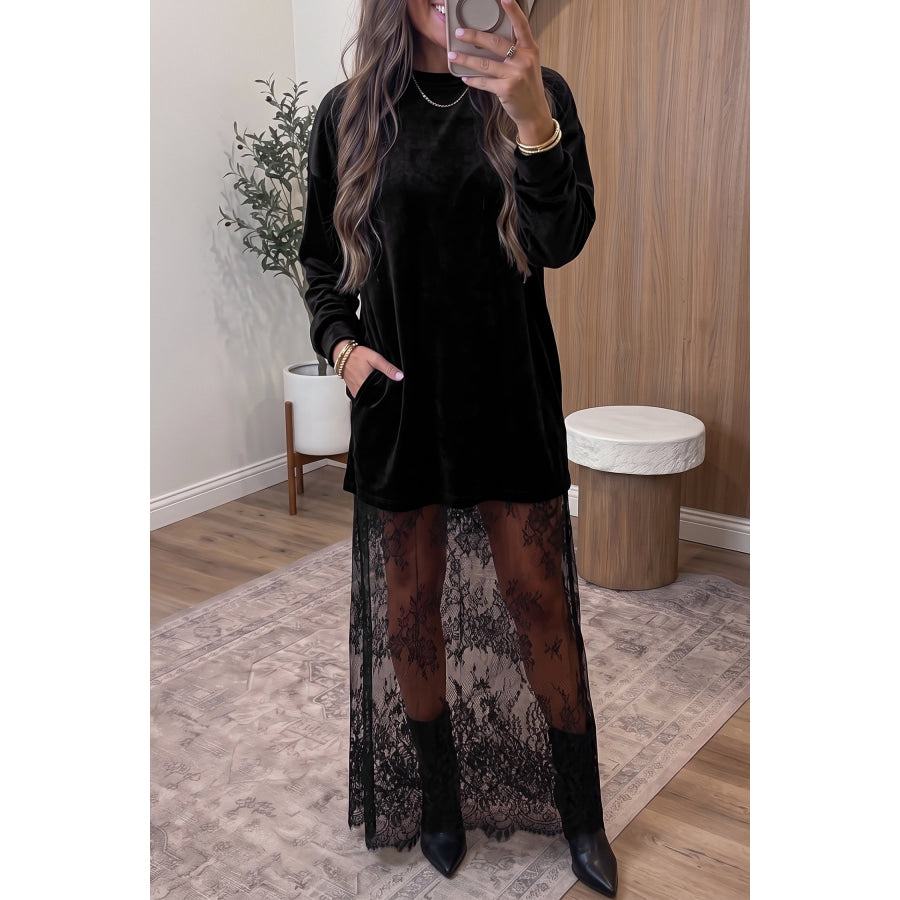 Black Velvet Long Sleeve Lace Splicing Hem Shift Maxi Dress / S Dresses/Maxi Dresses