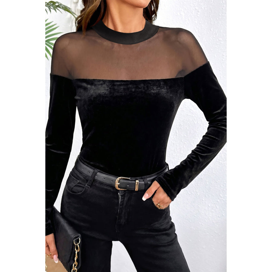 Black Velvet Long Sleeve Sheer Neck Patchwork Casual Pullover Top Tops/Long Tops