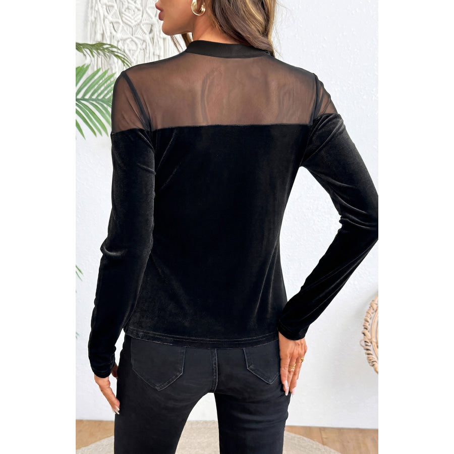 Black Velvet Long Sleeve Sheer Neck Patchwork Casual Pullover Top / S / 95% Polyester + 5% Elastane Tops/Long Tops