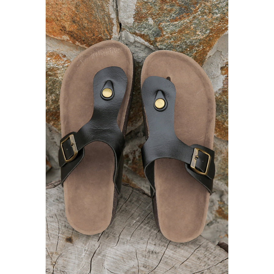 Black Vintage Buckle PU Leather Thong Slippers Shoes &amp; Bags/Slippers